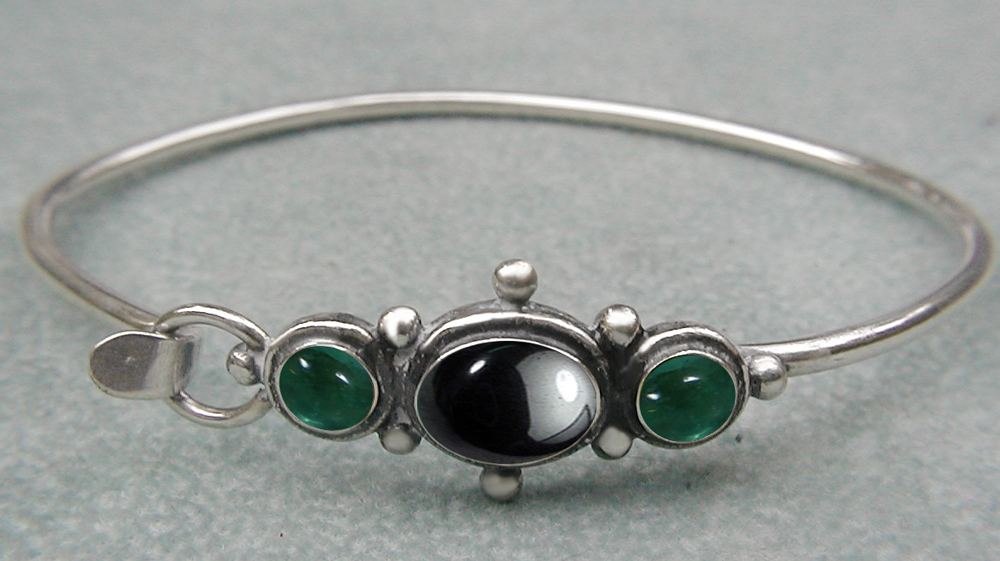 Sterling Silver Victorian Inspired Strap Latch Spring Hook Bangle Bracelet with Hematite And Fluorite